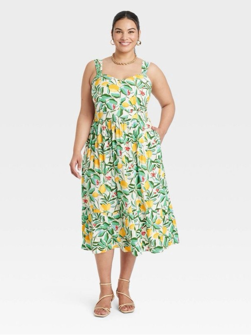 Ava & Viv Lemon Leaf Midi Dress in Green and Yellow